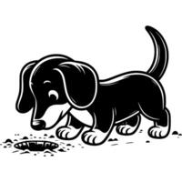 Hunting dog dachshund dug a hole and waits for prey in monochrome. Simple minimalistic in black ink drawing on white background vector