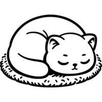 Lazy house cat sleeping curled up on rug in monochrome. Simple minimalistic in black ink drawing on white background vector