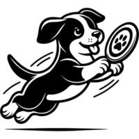 Terrier puppy catches a play flying saucer in a jump in monochrome. Simple minimalistic in black ink drawing on white background vector