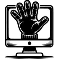 Thief hand dressed in a black glove reaches out from a computer monitor in monochrome. Simple minimalistic in black ink drawing on white background vector