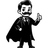 Male superhero in classic suit and cape shows like gesture in monochrome. Simple minimalistic in black ink drawing on white background vector