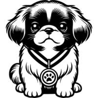 Pekingese puppy with dog show winner medal worn around its neck in monochrome. Simple minimalistic in black ink drawing on white background vector