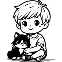 Boy hugging pet kitten in monochrome. Simple minimalistic in black ink drawing on white background vector