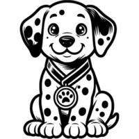 Dalmatian puppy winner of dog show sits with champion medal on neck in monochrome. Simple minimalistic in black ink drawing on white background vector