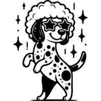 Stylish Dalmatian dog having fun at the disco in a curly wig and Star disco glasses in monochrome. Simple minimalistic in black ink drawing on white background vector
