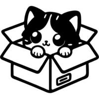 Playful kitten hides in a cardboard box from its owner in monochrome. Simple minimalistic in black ink drawing on white background vector
