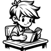 Boy student sitting at table and reading a book in monochrome. Simple minimalistic in black ink drawing on white background vector