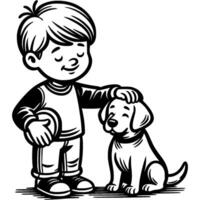 Boy petting labrador dog on the head in monochrome. Simple minimalistic in black ink drawing on white background vector