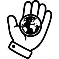 Volunteer hand holds planet Earth in its palm in monochrome. Simple minimalistic in black ink drawing on white background vector