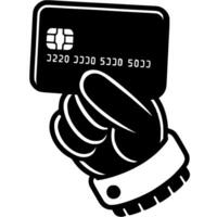 Hacker hand wearing a black glove holds a stolen bank card in monochrome. Simple minimalistic in black ink drawing on white background vector