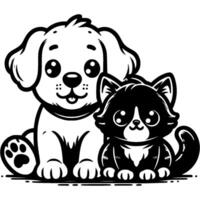 Kitten and puppy friends sitting next to each other in monochrome. Simple minimalistic in black ink drawing on white background vector