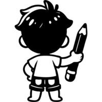 Schoolboy artist draws with a pencil standing with his back in monochrome. Simple minimalistic in black ink drawing on white background vector