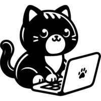Black kitten works on laptop in monochrome. Simple minimalistic in black ink drawing on white background vector