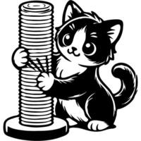 Domestic cat scratches its claws on a scratching post in monochrome. Simple minimalistic in black ink drawing on white background vector