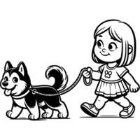 Girl walking with her pet husky dog with a leash in monochrome. Simple minimalistic in black ink drawing on white background vector