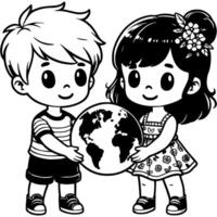 Boy and girl volunteers hold planet earth in their hands in monochrome. Simple minimalistic in black ink drawing on white background vector