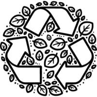 Recycling sign on dry leaves background in monochrome. Simple minimalistic in black ink drawing on white background vector
