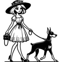 Elegant girl in dress with small handbag leads doberman on leash in monochrome. Simple minimalistic in black ink drawing on white background vector