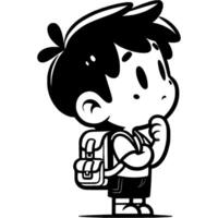 Boy primary school student thought and looked up in monochrome. Simple minimalistic in black ink drawing on white background vector