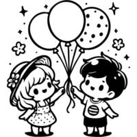 Boy and girl release bunch of balloons flight in monochrome. Simple minimalistic in black ink drawing on white background vector