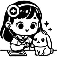 Girl doctor listens with stethoscope to health of her pet rabbit in monochrome. Simple minimalistic in black ink drawing on white background vector