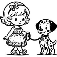 Little girl owner of a dalmatian puppy in monochrome. Simple minimalistic in black ink drawing on white background vector