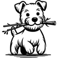 Dog found a dry branch and runs to its owner in monochrome. Simple minimalistic in black ink drawing on white background vector