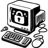 Old computer from the nineties password protected in monochrome. Simple minimalistic in black ink drawing on white background vector
