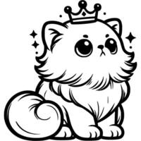 Persian cat sits with a crown on her head in monochrome. Simple minimalistic in black ink drawing on white background vector