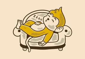 Monkey mascot character design sleep on the sofa, in retro or vintage look vector