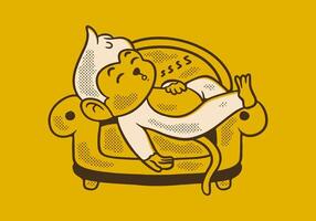 Monkey mascot character design sleep on the sofa with plain yellow background vector