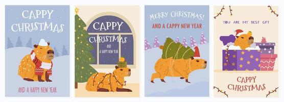 Merry Christmas and happy New Year greeting cards with funny capybara set. vector