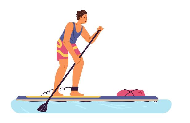 Happy man rowing on standing up paddle flat illustration isolated on white.