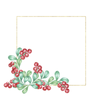 A square frame with a gold outline, decorated with a cluster of red cranberries and green leaves in the bottom left corner. Watercolor clipart frame suitable for logos, stationery, or product labeling png