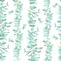 Vertical green eucalyptus branches with leaves in a background. Seamless pattern, watercolor clipart. Suitable for wrapping paper, fabric designs, and stationery, offering a fresh botanical element png