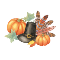 Traditional Pilgrim hat with feathers, paired with a large orange pumpkin and smaller pumpkins. Isolated watercolor clipart for Thanksgiving-themed projects, invitations, and seasonal decorations png