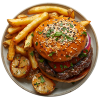 Top view hamburger and French fries in plate on transparent background png