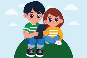 Flat illustration Design with watching Mobile a Boy and a Girl. vector