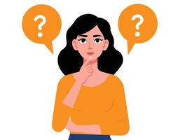 woman confident, make choice, decision thinking, analyzing two options with white background vector