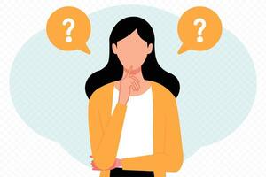 flat woman confident, make choice, decision concept, questioned employee thinking, analyzing two options vector