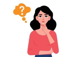 woman confident, make choice, decision thinking, analyzing two options with white background vector