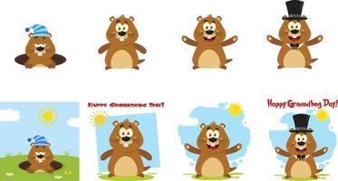 Groundhog Day Marmot Cartoon Character. Flat Design Collection Set vector