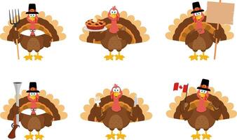 Happy Thanksgiving Turkey Bird Cartoon Character. Flat Design Collection Set vector