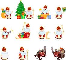 Cute Saint Nicholas And Krampus Cartoon Characters. Flat Design Collection Set vector