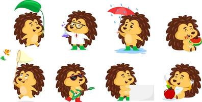 Cute Hedgehog Cartoon Character In Different Poses. Flat Design Collection Set vector