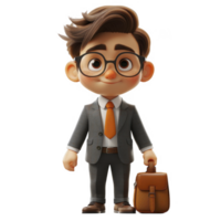 3D young man in business attire, with briefcase on transparent background png