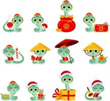 Cute Chinese New Year Snake Cartoon Character. Flat Design Collection Set vector
