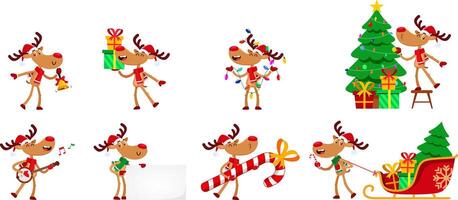 Funny Reindeer Cartoon Character In Different Poses. Flat Design Collection Set vector