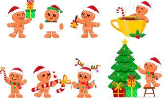 Christmas Gingerbread Man Cartoon Character In Different Poses. Flat Design Collection vector