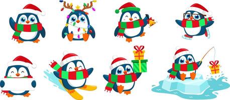 Cute Christmas Penguin Cartoon Character In Different Poses. Flat Design Collection Set vector